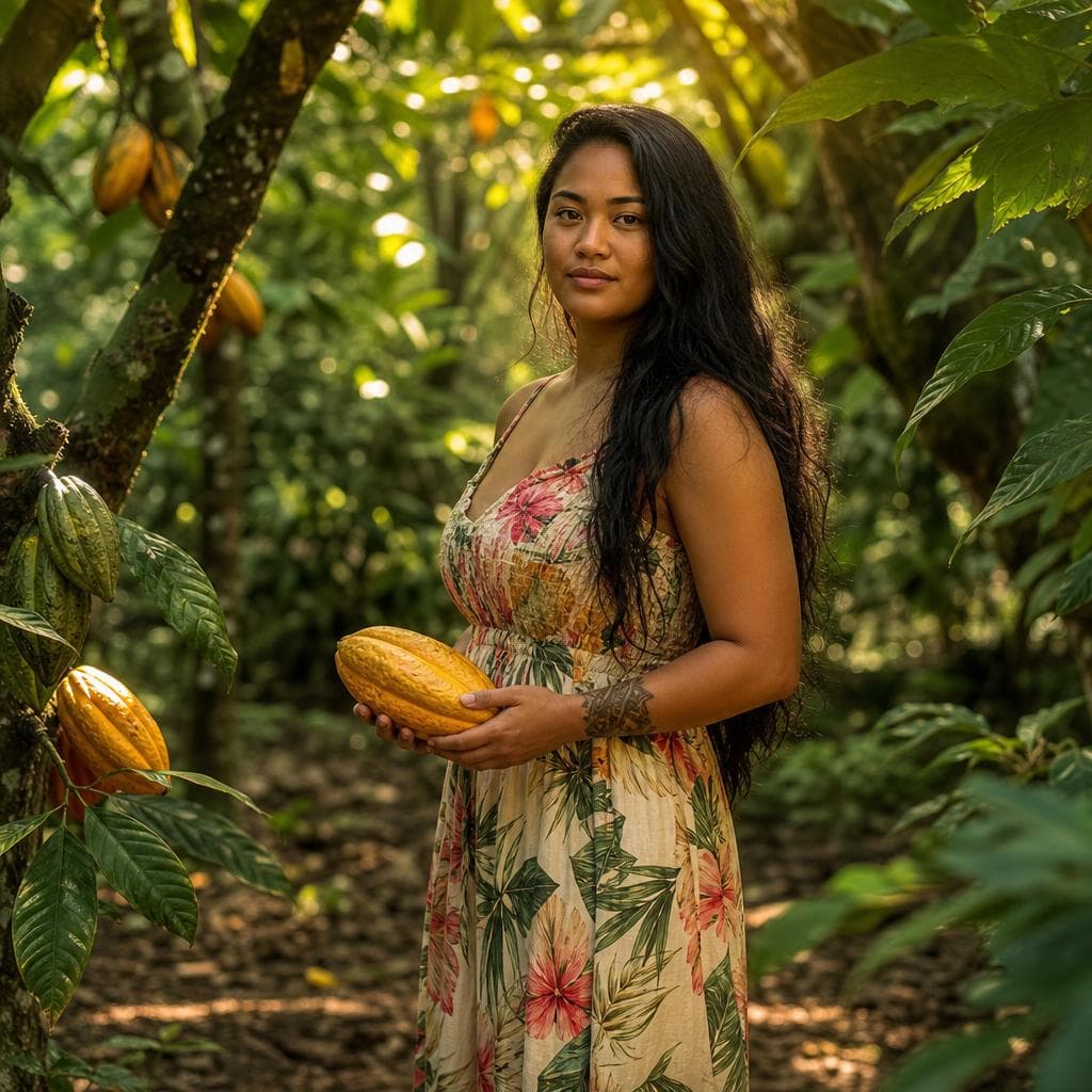 A woman holding a ripe cacao pod in a lush Hawaiian grove