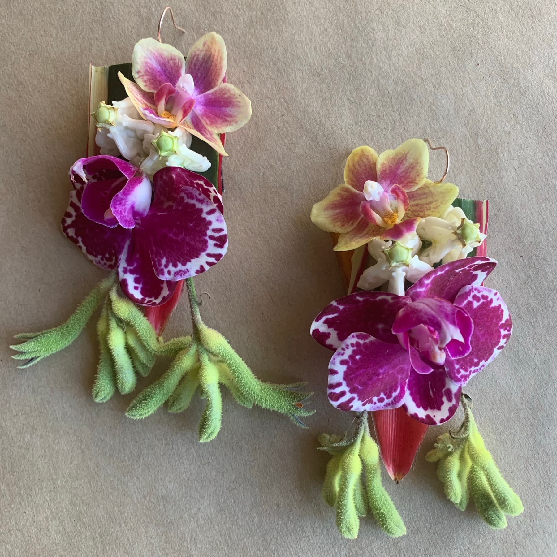 Closeup of handcrafted tropical florals
